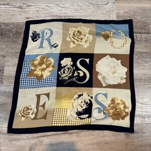 Silk Roses Alphabet Square Scarf Floral Cream Blue Coquette